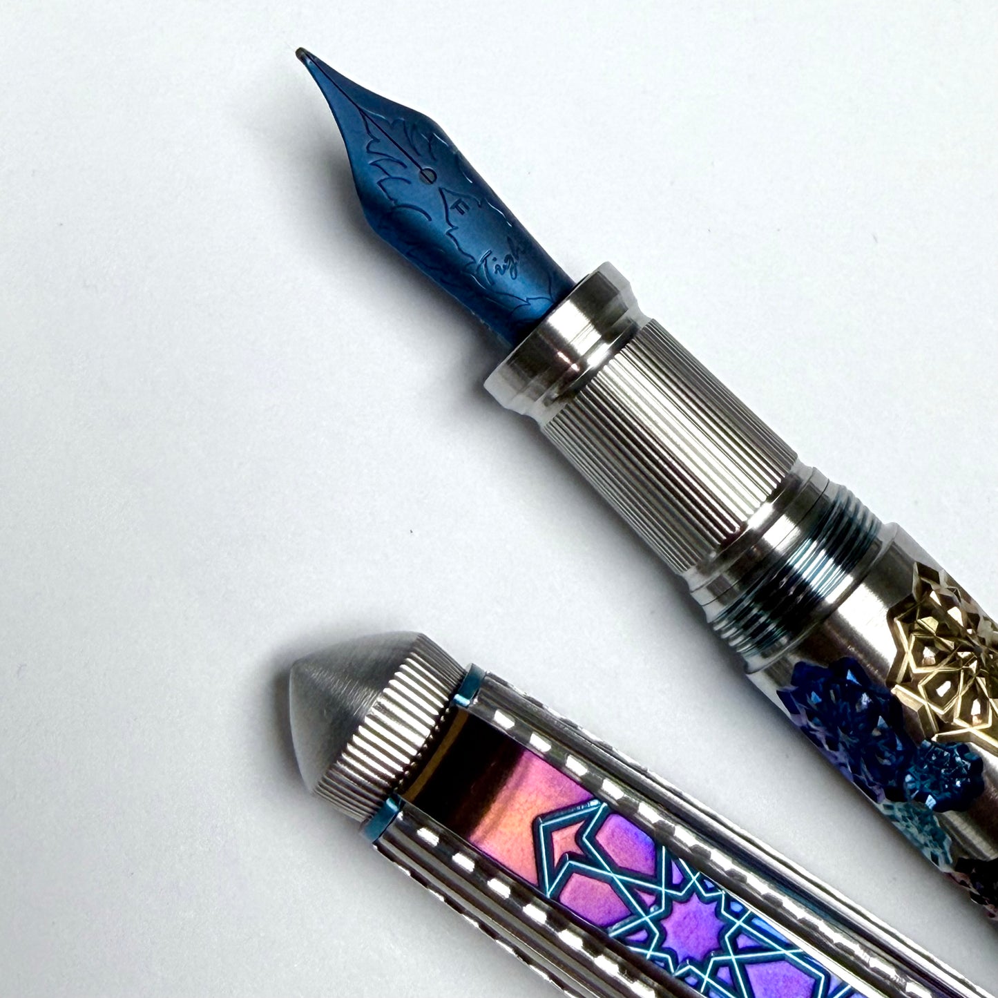 Fireworks Fountain Pen – Anodized Titanium & Guilloche on Stainless Steel