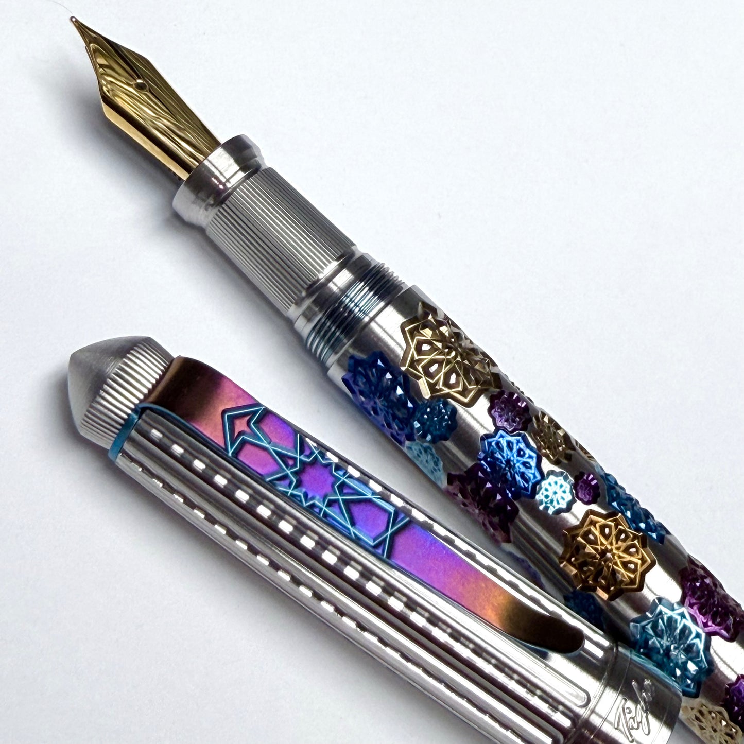 Fireworks Fountain Pen – Anodized Titanium & Guilloche on Stainless Steel