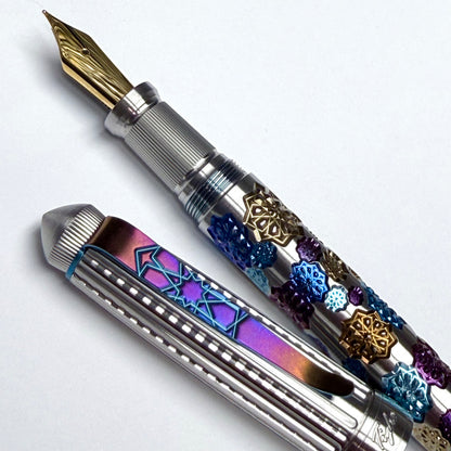 Fireworks Fountain Pen – Anodized Titanium & Guilloche on Stainless Steel